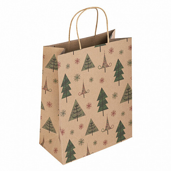 Пакет подарочный КОМПЛЕКТ 10 штук, новогодний, 26x13x32 см, "Kraft Xmas Tree", ЗОЛОТАЯ СКАЗКА