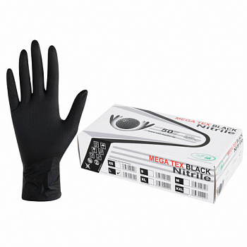 Перчатки нитриловые сверхпрочные с текстурой SFM MEGA TEX BLACK, Германия, 25 пар (50 штук), размер 8-9 (большой)