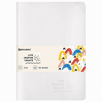 Тетрадь 60 л. в линию обложка кожзам SoftTouch, сшивка, B5 (179х250мм), БЕЛЫЙ, BRAUBERG RAINBOW