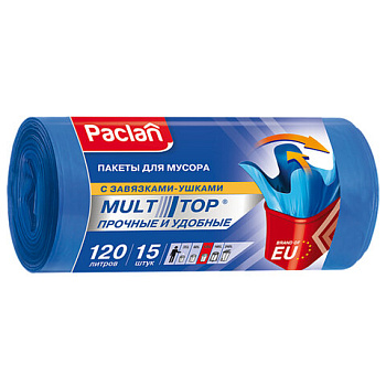 Мешки для мусора 120л с ушками, синие, в рулоне 15шт, ПВД 24мкм 70х110см, PACLAN "Multitop", шк4908