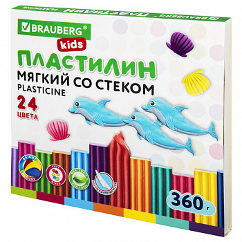 Пластилин мягкий восковой BRAUBERG KIDS, 24 цвета, 360 г, со стеком