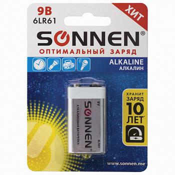 Батарейка SONNEN Alkaline, Крона (6LR61, 6LF22, 1604A), алкалиновая, 1 шт., блистер