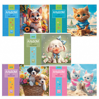 Альбом для рисования А4 12 л., скоба, обложка офсет, HATBER ECO, 205х290 мм, "Пушистые мордочки" (5 видов), 091561, 12А4C
