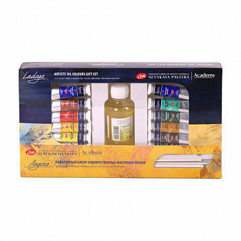 Краски масляные художественные "Ладога", 12 цветов по 18 мл + масло льняное 120 мл + 2 кисти, Невская Палитра