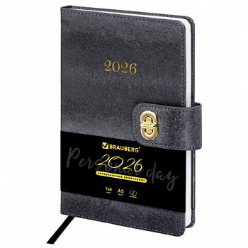 Ежедневник датированный 2026 А5 138х213 мм, BRAUBERG "Elegant", под кожу, застежка, черный