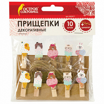 Прищепки декоративные "Сладкие истории", 10 штук, 3,5 см, ассорти, со шпагатом, ОСТРОВ СОКРОВИЩ