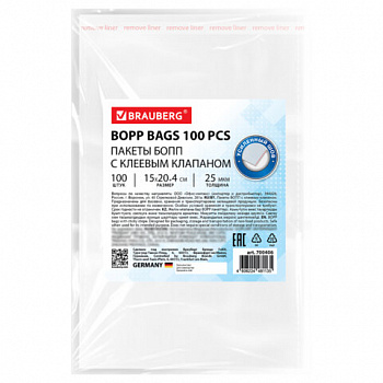 Пакеты БОПП с клеевым клапаном КОМПЛЕКТ 100 штук, 15х20 + 4 см, 25 мкм, с усиленным швом, BRAUBERG