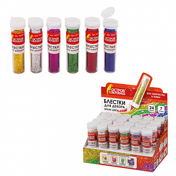 Блестки (глиттер) для декора, поделок, DIY, творчества, оформления, ОСТРОВ СОКРОВИЩ, 7 грамм, цвета ассорти, в дисплее