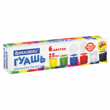 Гуашь BRAUBERG "PREMIUM", 6 цветов по 25 мл