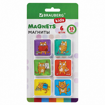 Магниты квадратные стеклянные 35 мм для досок магнитно-маркерных, НАБОР 6 шт., "Кот-энтузиаст" BRAUBERG KIDS, блистер