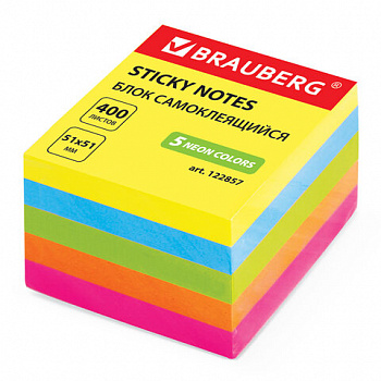 Блок самоклеящийся (стикеры), BRAUBERG, НЕОНОВЫЙ, 51х51 мм, 400 листов, 5 цветов