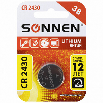 Батарейка литиевая SONNEN Lithium CR2430 "таблетка, дисковая, кнопочная" 1 шт., блистер