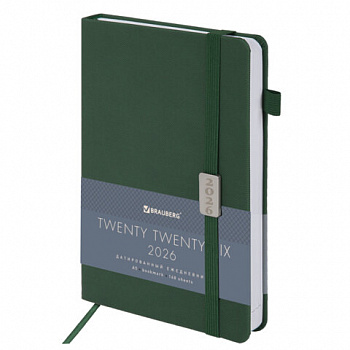 Ежедневник датированный 2026, А5, 138x213 мм, BRAUBERG "Control", под кожу, держатель для ручки, зеленый