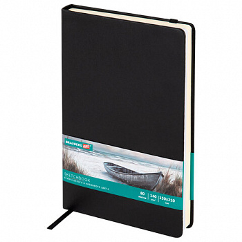 Скетчбук, слоновая кость+белая 140 г/м2, 130х210 мм, 80 л., КОЖЗАМ, резинка, BRAUBERG ART CLASSIC, черный