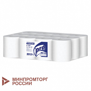 Полотенца бумажные с центральной вытяжкой 120 м, PROtissue (M1) COMFORT, 1-слойные, белые, КОМПЛЕКТ 12 рулонов, С194, C194