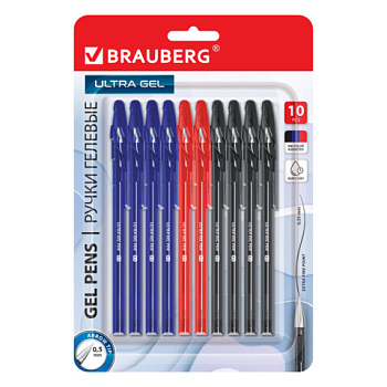 Ручки гелевые BRAUBERG "ULTRA GEL", НАБОР 10 ШТУК (4 ЧЕРНЫХ, 4 СИНИХ, 2 КРАСНЫХ), стандартный наконечник 0,5 мм, линия 0,35 мм