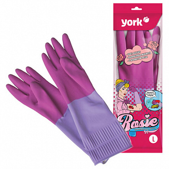 Перчатки МНОГОРАЗОВЫЕ резиновые YORK "Роза", хлопчатобумажное напыление, ПРОЧНЫЕ, размер 8-9, L (большой), розовые, вес 75 г