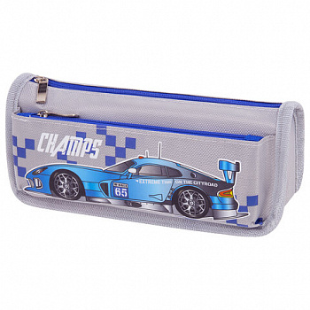Пенал мягкий ЮНЛАНДИЯ, 2 отделения, полиэстер, "Car champion", серый, 21х6х9 см