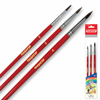 Кисти ПИФАГОР, набор 3 шт. (ПОНИ: круглые № 2, 3, 4), пакет с европодвесом