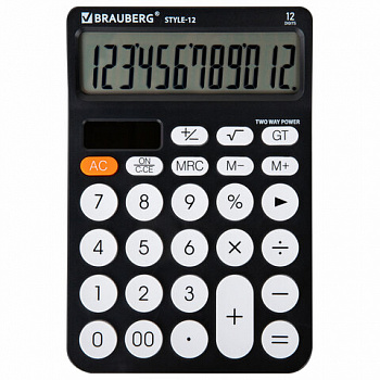 Калькулятор настольный BRAUBERG STYLE-12-BK (157х106 мм), 12 разрядов, двойное питание, ЧЕРНЫЙ