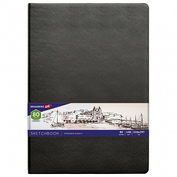 Скетчбук, слоновая кость 140 г/м2 210х297 мм, 80 л., КОЖЗАМ, резинка, BRAUBERG ART CLASSIC, черный