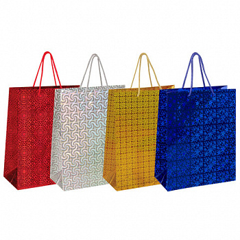 Пакет подарочный (1 штука) 26x13x32 см, ЗОЛОТАЯ СКАЗКА голография, ассорти 4 цвета