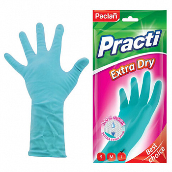 Перчатки МНОГОРАЗОВЫЕ резиновые PACLAN "Extra Dry", хлопчатобумажное напыление, 100% флок, размер 8,5-9, L (большой) синие, вес 54 г, 7350