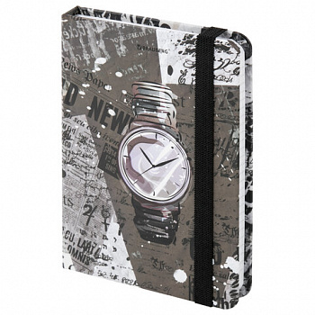 Блокнот с резинкой в клетку 96 л., МАЛЫЙ ФОРМАТ А6 (109х148 мм), твердая обложка, BRAUBERG, "Часы"