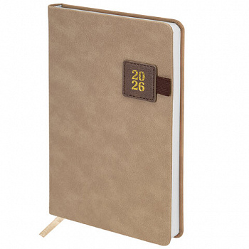 Ежедневник датированный 2026 А5 138х213 мм, BRAUBERG "Accent", под кожу, держатель, бежевый/коричневый
