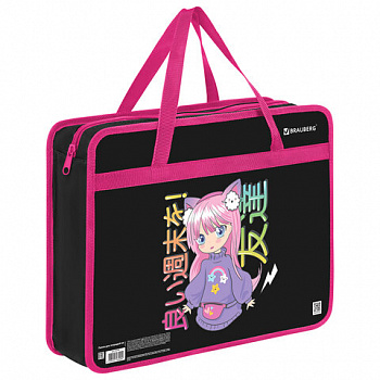 Папка на молнии с ручками BRAUBERG А4, 1 отделение, пластик, 80 мм, "Anime girl"