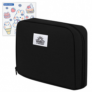 Пенал-органайзер BRAUBERG, 1 отделение, С НАКЛЕЙКАМИ, молния вокруг, канвас, 22x15х6 см, черный