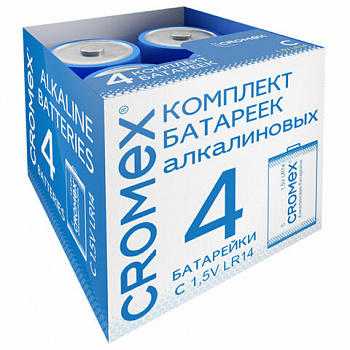 Батарейки алкалиновые КОМПЛЕКТ 4 шт., CROMEX (КРОМЕКС) Alkaline, C (LR14, 14А), короб