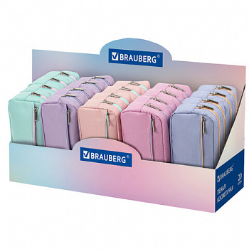 Пенал мягкий BRAUBERG, 2 отделения, ассорти 5 цветов, "Pastel", 21х9,5х5 см, дисплей