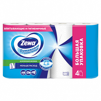 Полотенца бумажные бытовые 2-х слойные, 4 рулона (4х14 м), белые, ZEWA