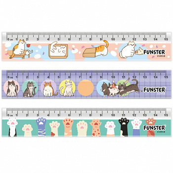 Линейка пластиковая 15 см, FUNSTER, "КОТЫ", ассорти, дисплей