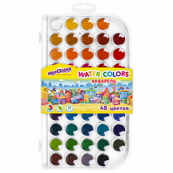 Краски акварельные ЮНЛАНДИЯ "ДОМИКИ" 48 цветов, круглые кюветы 23 мм, пенал