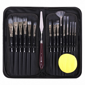 Кисти художественные набор 15 шт. + мастихин, в пенале, черные, синтетика, BRAUBERG ART DEBUT
