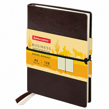 Блокнот МАЛЫЙ ФОРМАТ (100х150 мм) А6, BRAUBERG "Western", 128 л., гладкий кожзам, резинка, клетка, коричневый