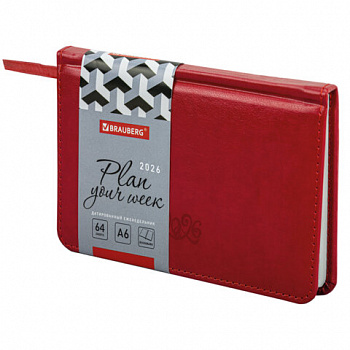 Еженедельник датированный 2026, МАЛЫЙ ФОРМАТ 95х155 мм, А6, BRAUBERG "Rainbow", под кожу, красный