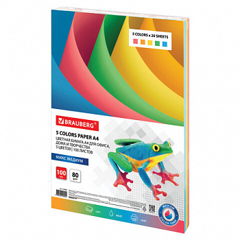 Бумага цветная BRAUBERG, А4, 80 г/м2, 100 л. (5 цветов х 20 листов), медиум, для офисной техники