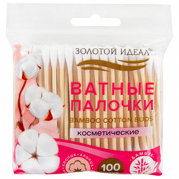 Ватные палочки КОМПЛЕКТ 100 шт., бамбуковый стик, 100% хлопок, зип-лок, ЗОЛОТОЙ ИДЕАЛ