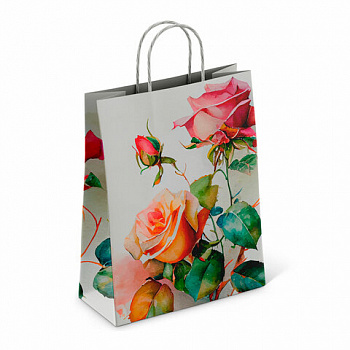 Крафт-пакет бумажный "Розы" 22х12х25 см, с кручеными ручками, плотность 100 г/м2, белый