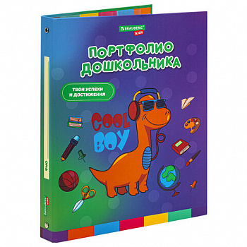 Папка-портфолио дошкольника "ДИНОЗАВР", 4 кольца, 20 файлов, 10 вкладышей, 7БЦ матовая, BRAUBERG KIDS