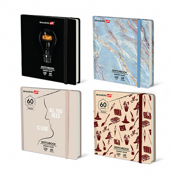 Скетчбук для маркеров 120 г/м2, 195х195 мм, 60 л., твердая обложка, резинка, BRAUBERG ART PREMIERE, МИКС