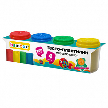 Тесто пластилин для лепки СУПЕР ПЛАСТИЧНОЕ, 4 цвета, 200г, крышки-штампики, BAMBOX (БАМБОКС)