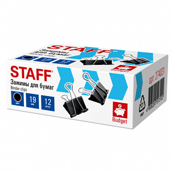 Зажимы для бумаг STAFF ECO, КОМПЛЕКТ 12 шт, 19 мм, на 60 листов, черные, картонная коробка