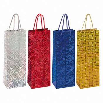 Пакет подарочный (1 штука) под бутылку 13x8,5x36 см, ЗОЛОТАЯ СКАЗКА голография, ассорти 4 цвета