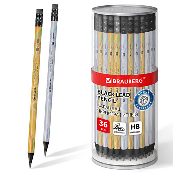 Карандаш чернографитный BRAUBERG "SILVER/GOLD", 1 шт, HB, с ластиком, корпус ассорти