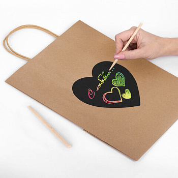 Пакет подарочный КОМПЛЕКТ 7 шт., 26x13x32 см, скретч-слой + стилус, "Heart on Kraft", ЗОЛОТАЯ СКАЗКА