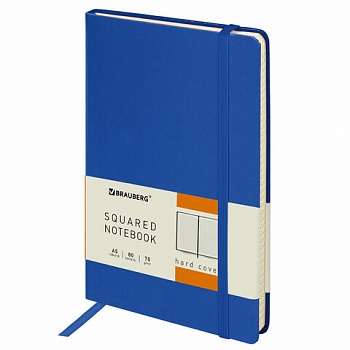 Блокнот А5 (148x218 мм), BRAUBERG "Metropolis", балакрон, 80 л., резинка, клетка, синий